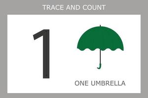 A game of tracing the outlines of the number  one  with umbrella . Preschool worksheet, kids activity sheet, printable worksheet vector