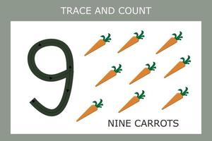 A game of tracing the outlines of the number nine with  carrots . Preschool worksheet, kids activity sheet, printable worksheet vector