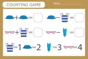 Counting game for preschool children. Solve the riddle with the help of children's clothes and solve the examples vector