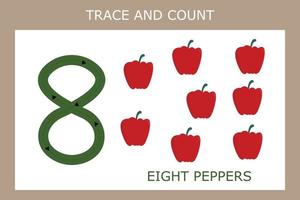 A game of tracing the outlines of the number eight with peppers. Preschool worksheet, kids activity sheet, printable worksheet vector