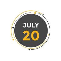 july 20 calendar reminder. 20th july daily calendar icon template. Calendar 20th july icon Design template. Vector illustration