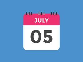 july 5 calendar reminder. 5th july daily calendar icon template. Calendar 5th july icon Design template. Vector illustration