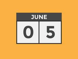 june 5 calendar reminder. 5th june daily calendar icon template. Calendar 5th june icon Design template. Vector illustration