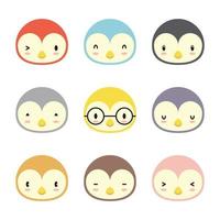 Set of various avatar penguin facial expressions. Adorable cute baby animal head vector illustration. Simple flat design of happy smiling animal cartoon face emoticon. Colorful on a white background.