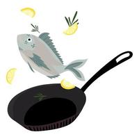 illustration in the style of kartun cooking fish with lemon in a frying pan vector