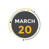 march 20 calendar reminder. 20th march daily calendar icon template. Calendar 20th march icon Design template. Vector illustration