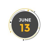 june 13 calendar reminder. 13th june daily calendar icon template. Calendar 13th june icon Design template. Vector illustration