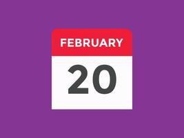 february 20 calendar reminder. 20th february daily calendar icon template. Calendar 20th february icon Design template. Vector illustration