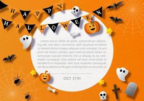 Halloween triangle flags with cute signs and symbols of Halloween days in paper cut style, example text on a big white circle banner and orange paper pattern background. vector