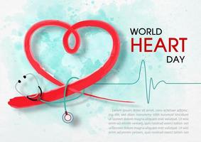 Red paint brush line in a heart shape with stethoscope and the name of event on light green watercolor and white paper pattern background. Poster campaign of World Heart day in vector design.