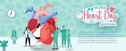Concept of world heart day poster campaign in cartoon character treatment and health care awareness and flat design at 29 September. vector