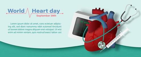 Medical tools with a human heart and the day and name of event, example texts on abstract shape and green background. Poster campaign of World Heart Day in vector design.