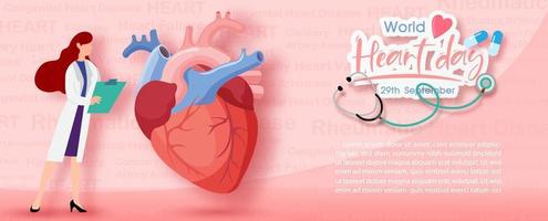 Image of doctor in cartoon character checkup a human heart with world heart day banner and example texts on heart disease pattern and pink background. Poster campaign of World heart day in vector. vector