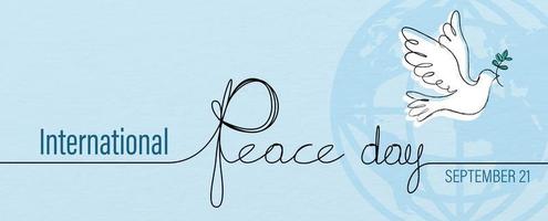 Hand draw and one line style in a peace dove shape with the name of event lettering on global icon and blue background. Poster's concept of Peace day campaign in banner and vector design.