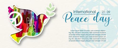 Human hand colorful victory and peace sign in a dove peace with the day and name, example texts on global and white paper pattern background. Poster's campaign in banner and vector design.