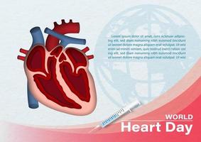 A half and inside image of human heart in paper cut style with the name of event and example texts on global and white paper pattern background. Poster's campaign of World heart day in vector design.