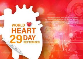 Wording of world heart day on white banner in human heart shape with example texts on red abstract background. Poster campaign of world heart day vector