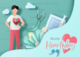 Poster's concept of World heart day in paper cut style and vector design.