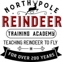 Reindeer training academy north pole. Christmas vintage retro typography labels badges vector design isolated on white background. Winter holiday vintage ornaments, quotes, signs, tag, postal label