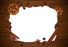 Vintage frame with cup of coffee, cinnamon, and biscuit on wooden table vector