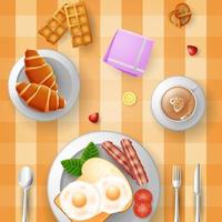 Breakfast with eggs, bacon, bread, croissant and a cup of coffee vector