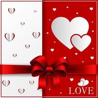 Valentines day greeting card with cut out heart, ribbon on ornate two colors background. vector