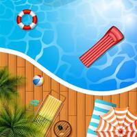 Swimming pool top view with umbrellas, palm trees, loungers, air mattress vector