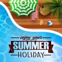 Swimming pool top view with umbrellas, palm trees, loungers, air mattress vector