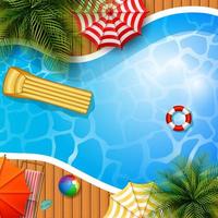 Swimming pool top view with umbrellas, palm trees, loungers, air mattress vector