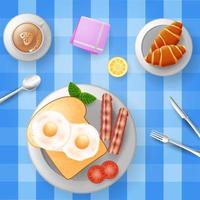 Breakfast with eggs, bacon, bread, croissant and a cup of coffee vector