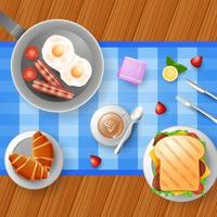 Breakfast with eggs, bacon, bread, croissant and a cup of coffee vector