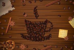 Vintage frame with cup of coffee, cinnamon, and biscuit on wooden table vector