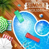 Swimming pool top view with umbrellas, palm trees, loungers, air mattress vector