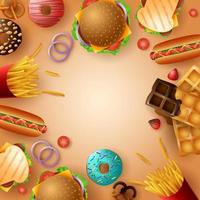 Background frame with fast food and dessert vector