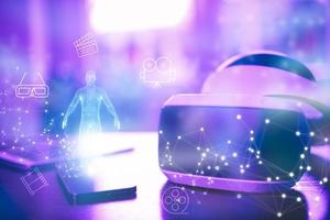 Metaverse technology 3D, VR concept Innovation of futuristic, VR virtual reality goggle on colorful background, Global Internet connection metaverse with a new experience in metaverse virtual world photo