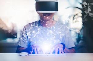 Man wearing VR glasses virtual with global network connection. Internet communication, Wireless connection technology. Futuristic technology with polygonal shapes,Communication and marketing concept, photo