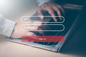 Security password login online concept  Hands typing and entering username and password of social media, log in with smartphone to an online bank account, data protection from hacker photo