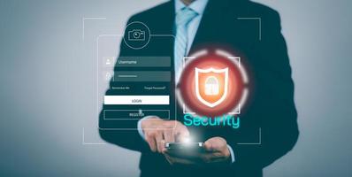 Man hold Smartphone with virtual global with cyber security, Login, User, identification information security and encryption, secure access to users personal information, secure Internet access, photo