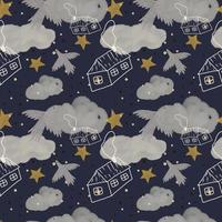 cute seamless square pattern with night sky, birds and stars. Trendy illustration painted in Russian gouache and watercolor photo