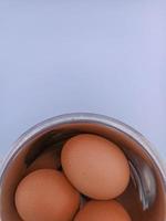 Three chicken eggs in a bowl photo