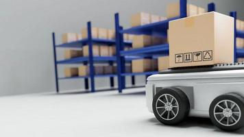 Car Robot transports truck Box with AI interface Object for manufacturing industry technology Product export and import of future Robot cyber in the warehouse by Arm mechanical future technology photo