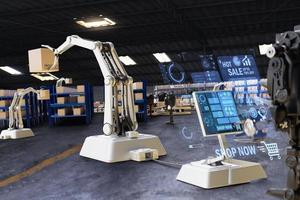 AI Robot arm Object for manufacturing industry technology Product export and import of future Robot cyber in the warehouse by hand mechanical future technology photo