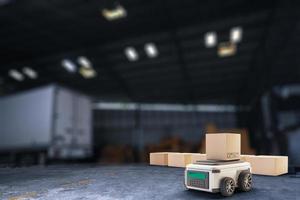 Car Robot transports truck Box with AI interface Object for manufacturing industry technology Product export and import of future Robot cyber in the warehouse by Arm mechanical future technology photo