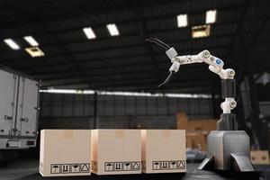AI Robot arm Object for manufacturing industry technology Product export and import of future Robot cyber in the warehouse by hand mechanical future technology photo