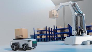 Car Robot transports truck Box with AI interface Object for manufacturing industry technology Product export and import of future Robot cyber in the warehouse by Arm mechanical future technology photo