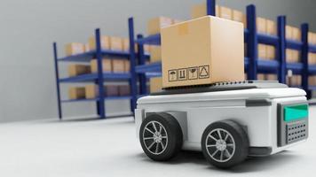 Car Robot transports truck Box with AI interface Object for manufacturing industry technology Product export and import of future Robot cyber in the warehouse by Arm mechanical future technology photo