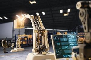 AI Robot arm Object for manufacturing industry technology Product export and import of future Robot cyber in the warehouse by hand mechanical future technology photo