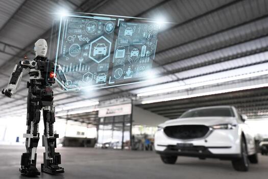 Robot Technology AI fix car repair on car Lift in garage dealership Fix the car with a touch touching UI screen interface point to the point that needs to corrected New technology in IOT car industry photo