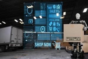 AI Robot arm Object for manufacturing industry technology Product export and import of future Robot cyber in the warehouse by hand mechanical future technology photo