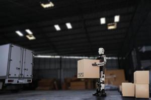 AI Robot arm Object for manufacturing industry technology Product export and import of future Robot cyber in the warehouse by hand mechanical future technology photo